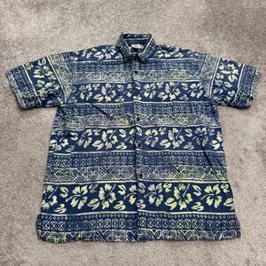 Rum Reggae Button Down Shirt Mens Large Blue Beige Floral Short Sleeve Cotton